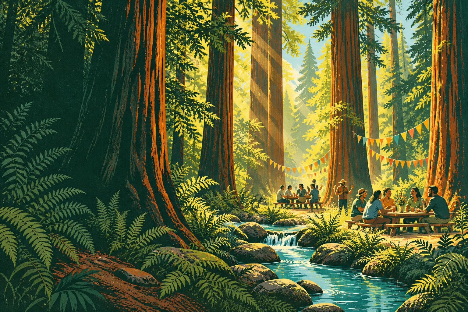 An imaginative block-print illustration of a joyful gathering among towering redwoods